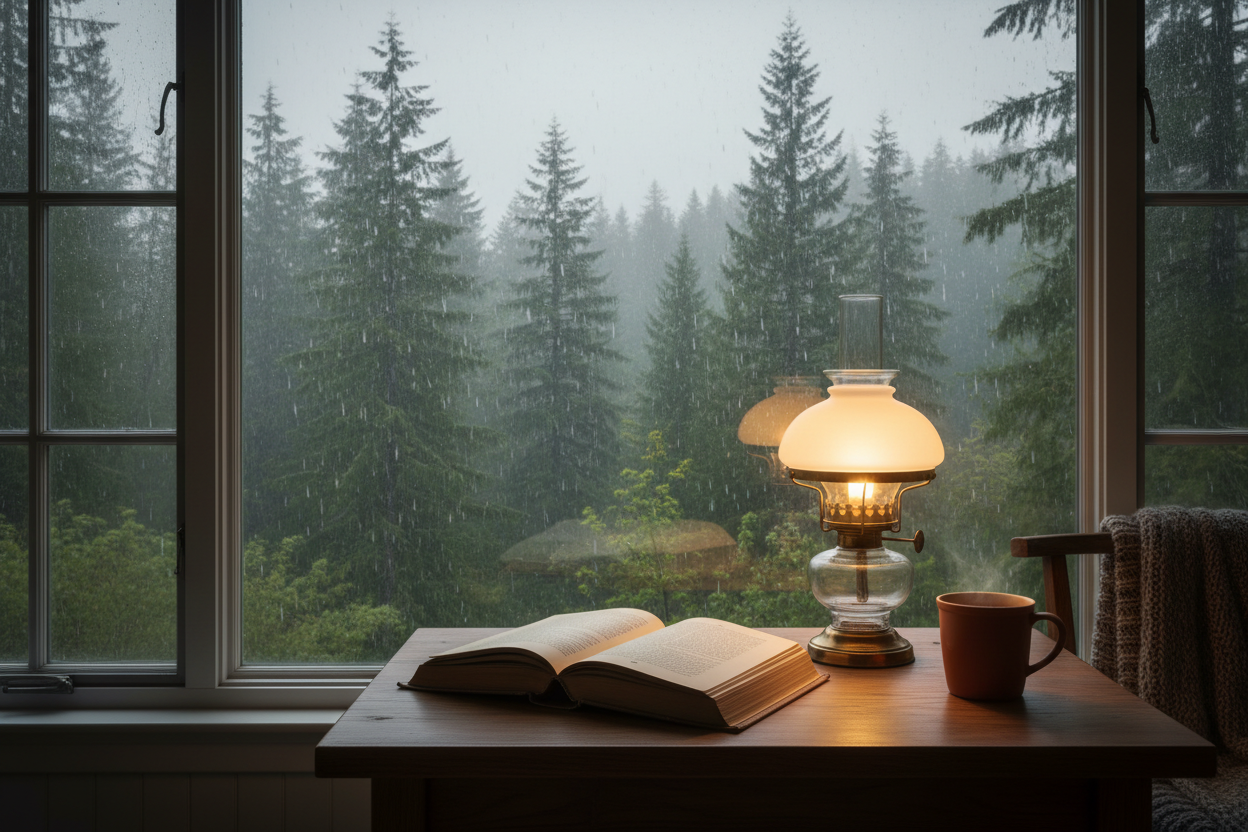 Open book with rainy forest view
